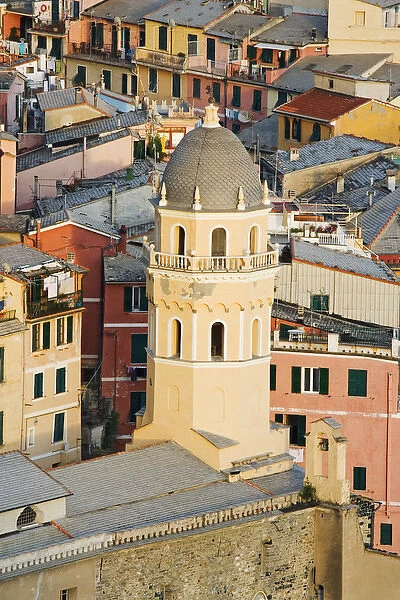 Europe, Italy, Vernazza. Elevated view of the bell tower of a cathedral and surrounding buildings