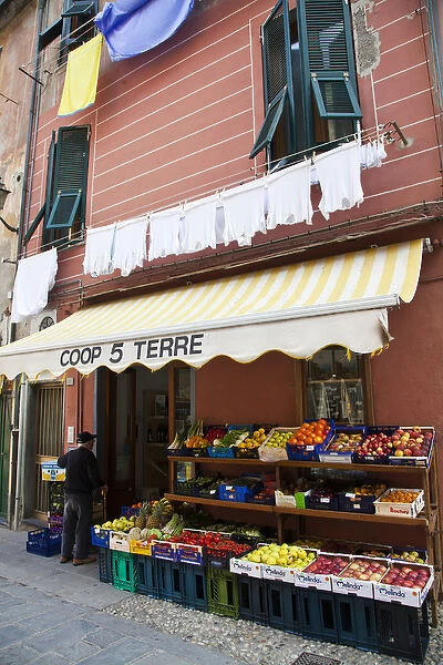 Europe; Italy; Vernazza; Market on Vernazzas main Street