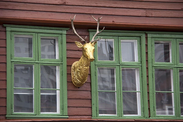 Europe, Norway, Bergen. Bryggen facade deer, a UNESCO World Heritage Site
