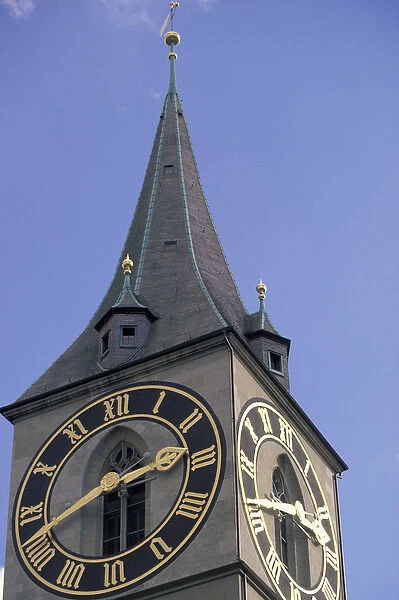 Europe, Switzerland, Zurich. St. Peters Church. Clock tower and clock face