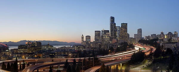 Evening light on downtown Seattle with I-5 passing through