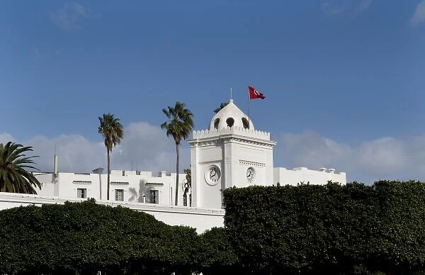 Finance Building in Main Square with white government building in Tunis Tunisia in