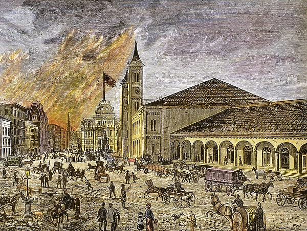 Fire in the city of Providence in 1886. The Exchange building on the right