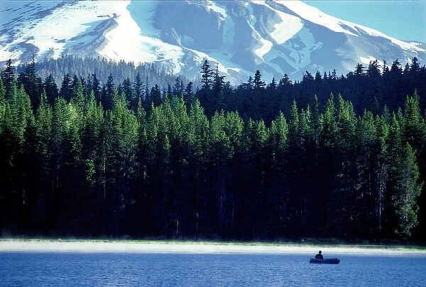 Fishing from a raft on Frog Lake in the Mt Hood National Forest