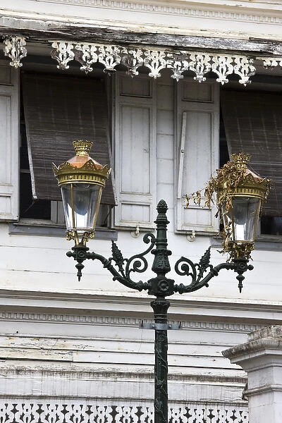 France, Reunion Island, St-Denis, streetlamps and old colonial buildings, Rue de Paris