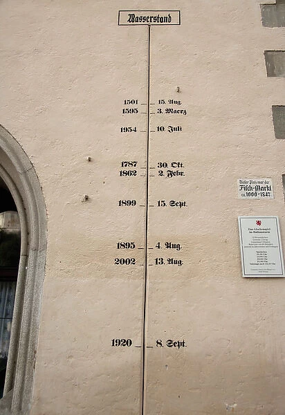 Germany, Passau. High water flood marker on the side wall of the Old Town Hall tower