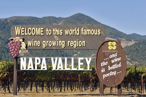 Historic Welcome to Napa Valley sign along highway 29 through Napa Valley, Wine Country