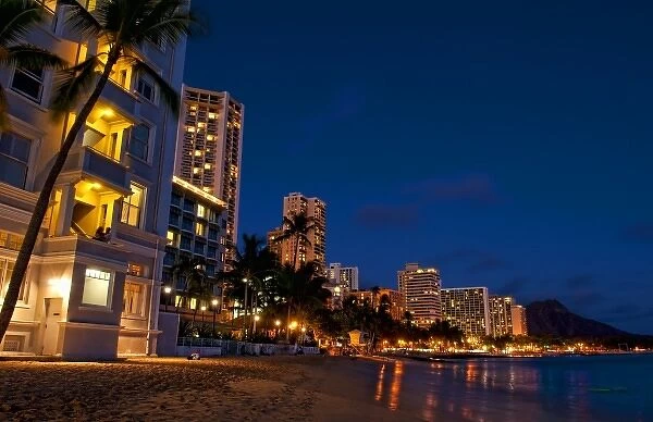 Honolulu, Oahu, Hawaii. Night exposure of Waikiki Beach with Diamond Head in background