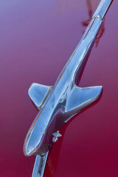 Detail of hood ornament on red classic American car in Habana, Havana, Cuba