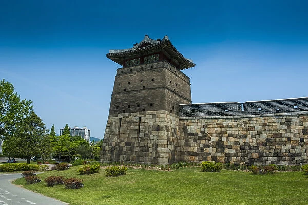 Huge stone walls around the Unesco world heritage sight the fortress of Suwon, South
