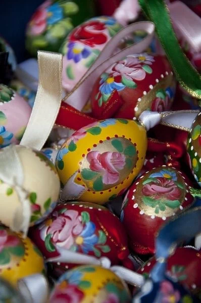 Hungary, capital city of Budapest. Buda side, Castle Hill. Traditional handpainted wooden eggs