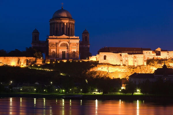 HUNGARY-DANUBE BEND-Estergom: Estergom Basilica (b. 1856) & Danube River  /  Evening