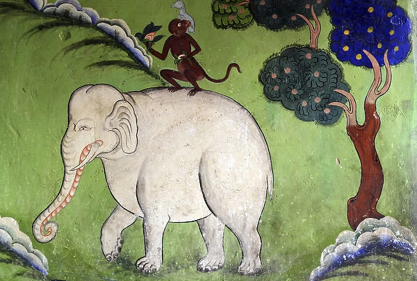 India, Ladakh, Likir, wall painting with elephant, rabbit and monkey
