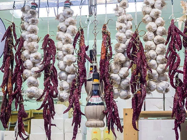 Italy, Florence. Garlic and peppers for sale hanging in a shop in the Central Market