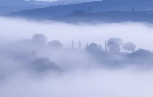Italy, Tuscany, Pienza. Morning fog over town