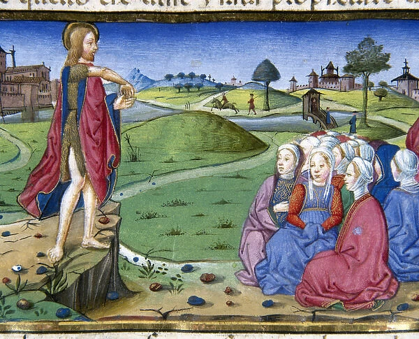 John preaches and baptizes. Codex of Predis (1476). Royal Library. Turin. Italy