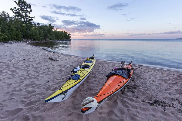 Kayaks on sand beach at York Island on the Apostle Islands National Lakeshore, Wisconsin