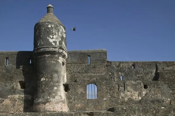 Kenya, Mombasa. Morning sun lights stone walls of Fort Jesus, a fortress first built