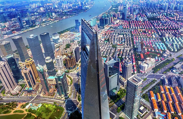 Looking Down on Black Shanghai World Financial Center Skyscraper Reflections Huangpu