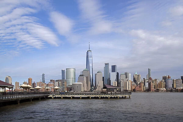 Looking towards J Owen Grundy Park in Jersey City, New Jersey, with One World Trade Center