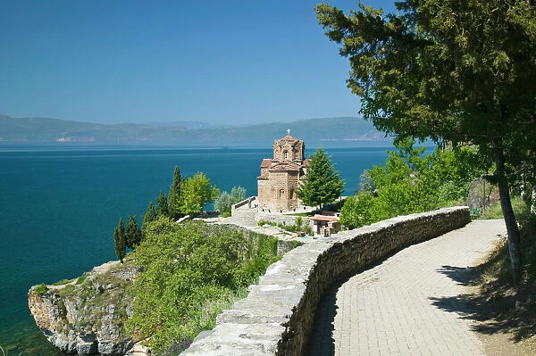MACEDONIA, Ohrid. Sveti Jovan at Kaneo Church (13th century) and Lake Ohrid  /  Morning