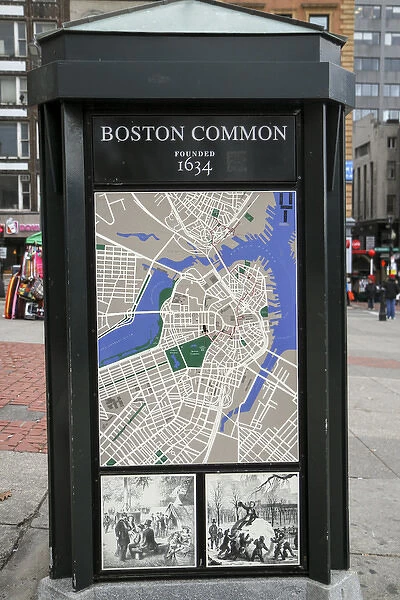 Map and historical drawings on a kiosk at Boston Common, Boston, Massachusetts, USA