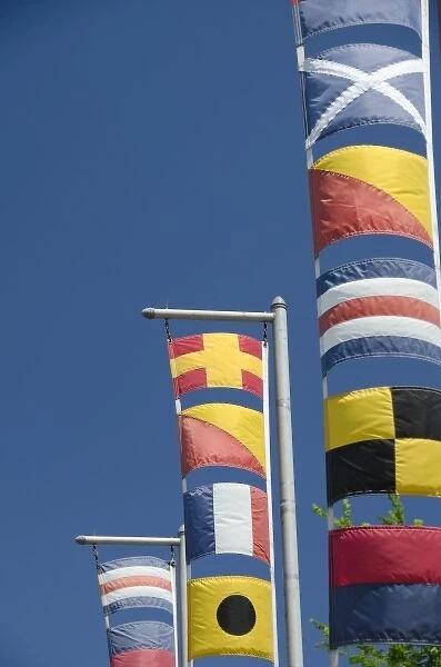 Massachusetts, New Bedford. Fishermans Wharf. Colorful nautical flags
