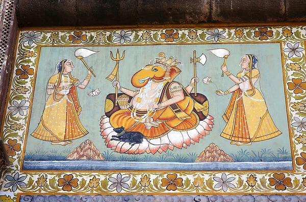 Mural painted on the wall, Mehrangarh Fort, Jodhpur, Rajasthan, India