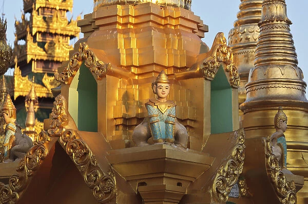 Myanmar, Burma, Yangon. Exterior shot of the Buddhist Shwedagon Pagoda, with detail