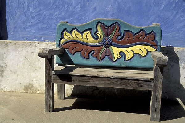 NA, Mexico, Baja, Todos Santos. Carved bench detail