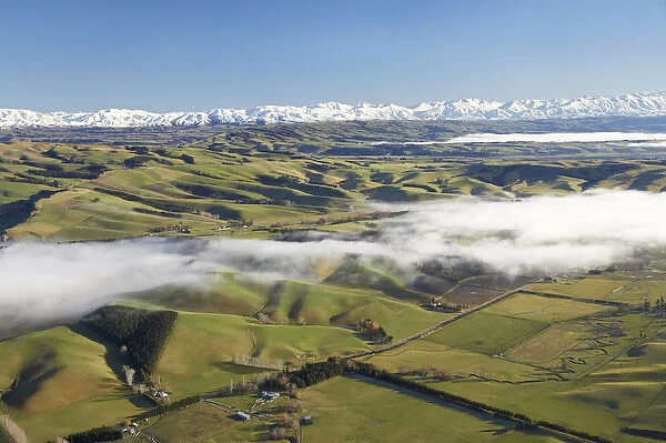 New Zealand, South Canterbury, Farmland and Mist, Taiko Flat, near Timaru - aerial