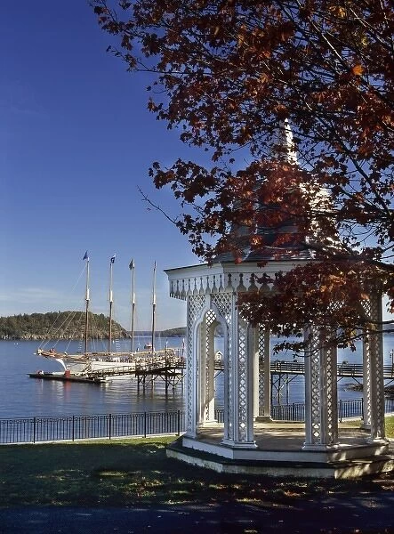 North America, Maine, Bar Harbor. A beautiful four masted sailing ship prepares to
