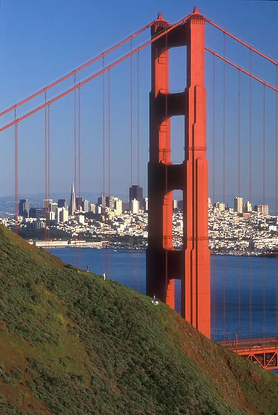 North tower of the Golden Gate bridge with San Francisco in the distance