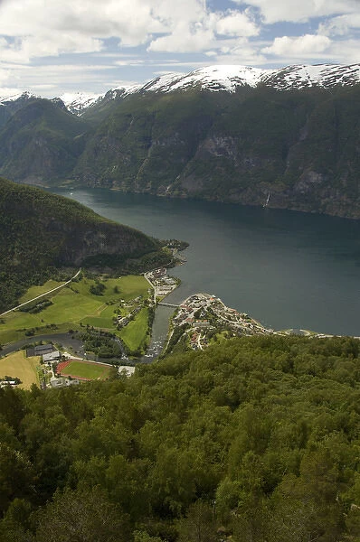 Norway, Aurland near Flam. Stegastein Overlook, view of Aurland Fjord an arm of Sogne Fjord