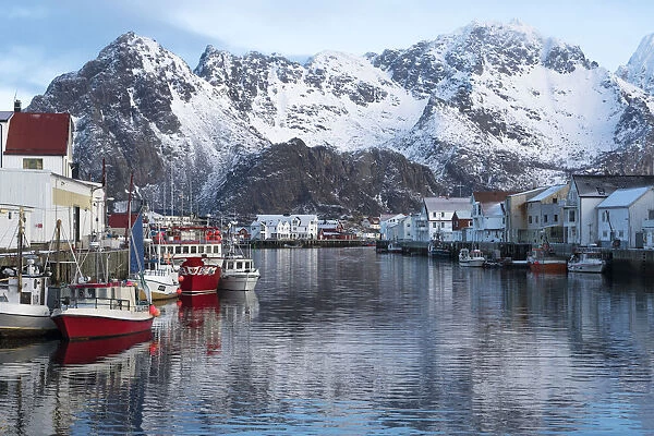 Norway, Vestvag. Fishing village set among dramatic mountains