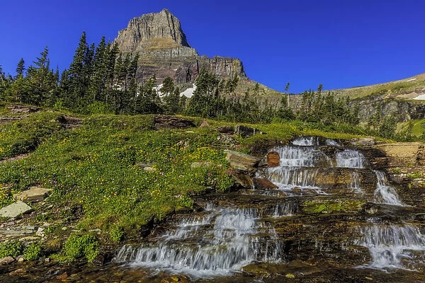Oberlin Creek with Mount Clements at Logan Pass in Glacier National Park, Montana, USA