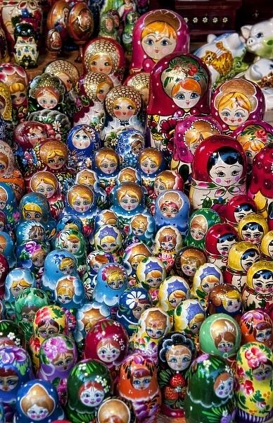 Old Russian stack dolls as souvenirs in Old Town main square, Warsaw, Poland