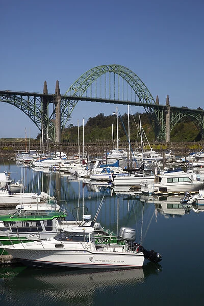 OR, Newport, marina with pleasure boats and Yaquina Bay Bridge in background