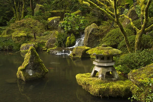 Pagoda; Rocks; moss covered; Lower Pond; Portland Japanese Garden; Portland; Oregon; USA