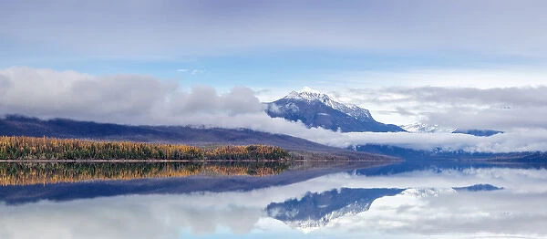 Panoramic of Lake McDonlad in late autumn in Glacier National Park, Montana, USA