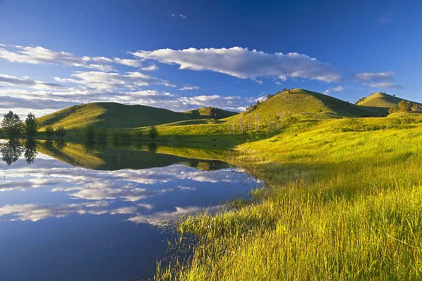Pond reflects at days end in the Bears Paw Mountains near Havre, Montana, USA