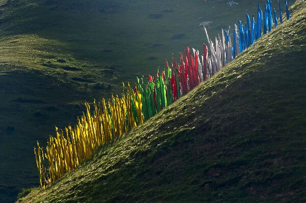 Prayer flags on hillside, Tagong, western Sichuan, China