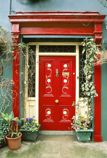 Red door with painted daisies, surrounded by flowers and vines