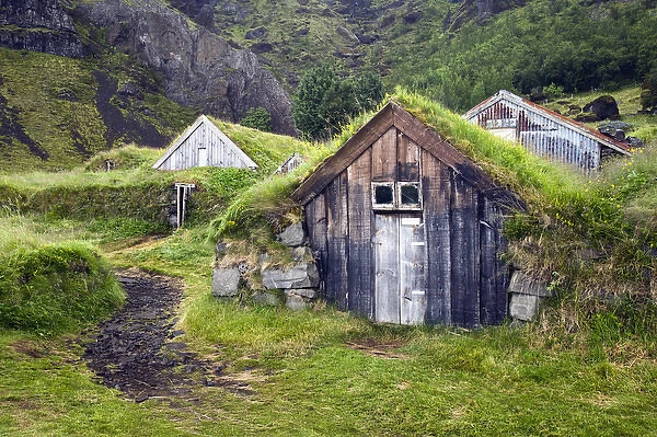 Rural farm with grass roof buildings, Iceland