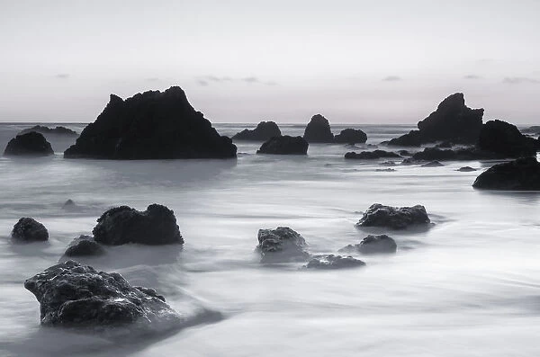 Sea stacks at dusk, El Matador State Beach, Malibu, California, USA