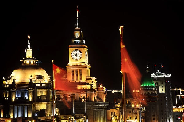 Shanghai China Bund at Night Clock Flags