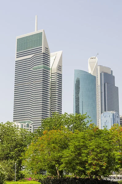 Small park and downtown skyline of Dubai, United Arab Emirates (UAE)