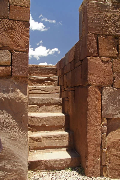 South America, Bolivia, Tiwanaku. Kalasasaya Temple Wall and Steps at Pre-Columbian