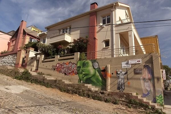 South America, Chile, Valparaiso. One of painted murals all over the city. (UNESCO