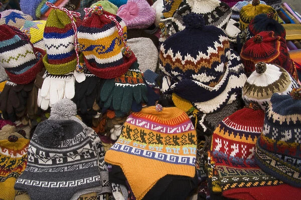 South America, Ecuador, Saquisili, hats on display at weekly food and crafts market